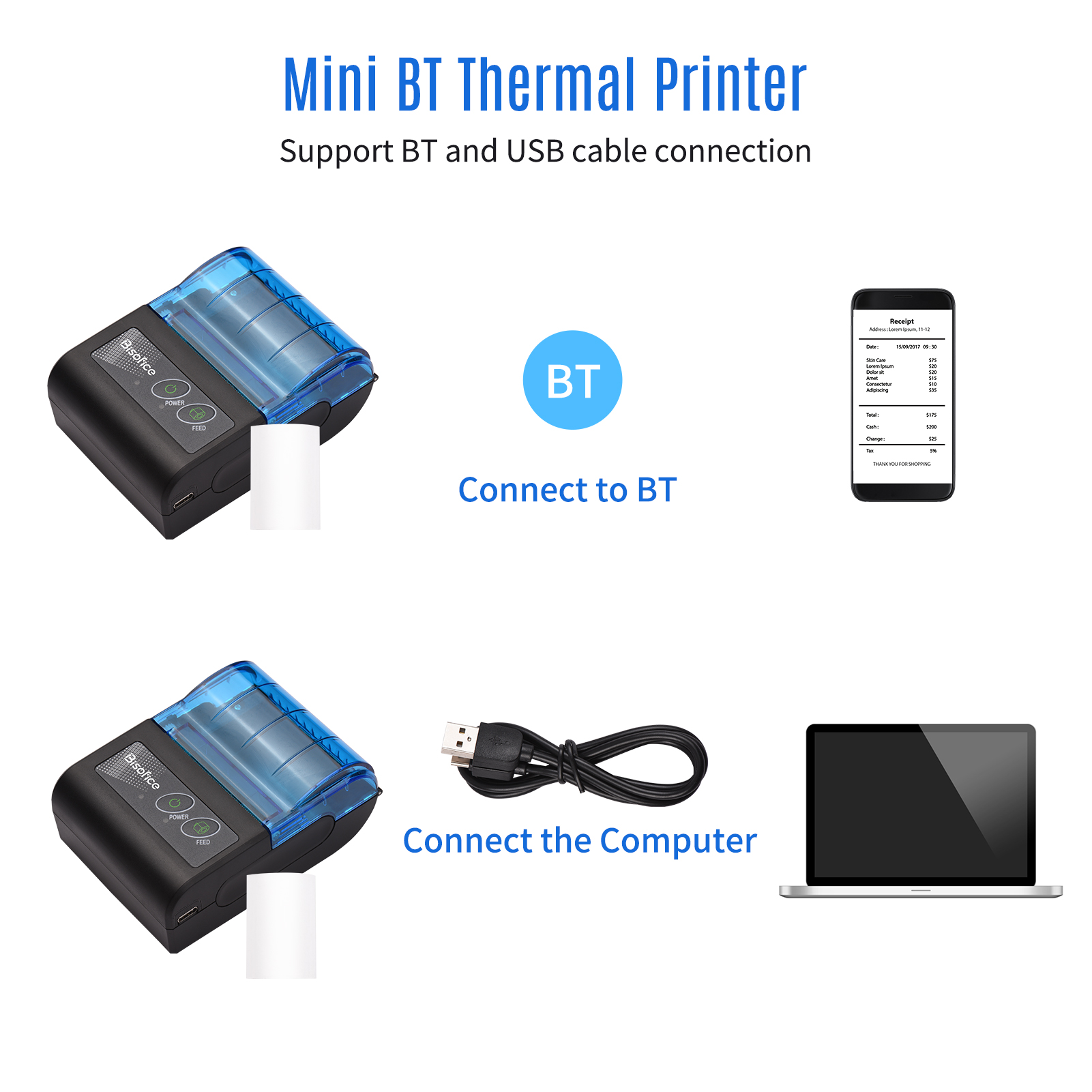 Portable Mini Thermal Printer 2inch Wireless USB Receipt Bill